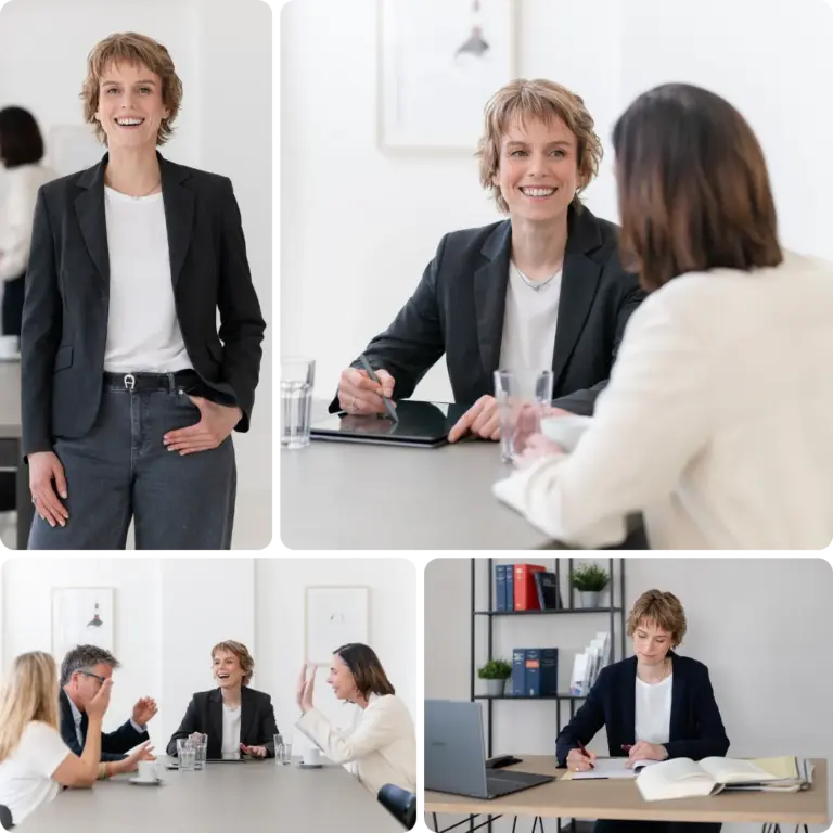 Bildcollage von Notarin Dr. Julia Jonas bei Beratungsgesprächen und notarieller Tätigkeit in ihrer Kanzlei